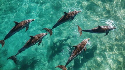 Obraz premium Five Dolphins Swimming in Turquoise Waters