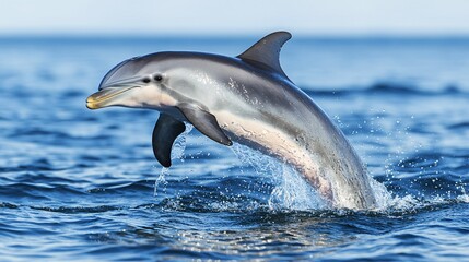 Obraz premium A dolphin leaps gracefully out of the water, creating splashes against a serene ocean backdrop, showcasing its agility and beauty.