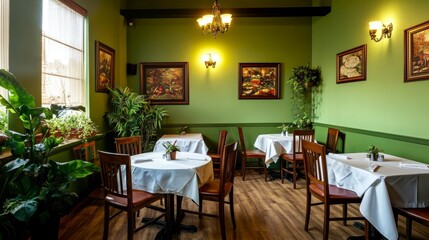 Cozy dining area with green walls, white tables, and soft lighting, creating a warm and family-friendly space for meals