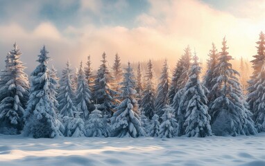 Naklejka premium Snow Covered Pine Forest at Sunset in Winter