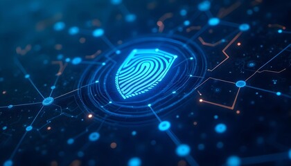 Digital interface, illuminated lines, and fingerprint security and technology icons