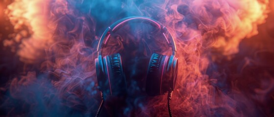 Black Headphones in Red and Blue Smoke