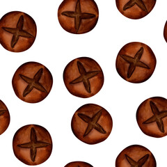 Breads - buns, baguettes, loaves, croissants, pretzels, rye and wheat watercolor seamless pattern. For prints on textile and paper, plates and dishes, for kitchen, restaurant menus, recipes, cookbook.