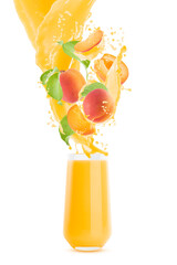 Peach juice pouring in drinking glass, peach pieces, drops, splashes, flows levitate on white background, isolated. Healthy fruits for advertising, label product, branding, flyer, card, poster.