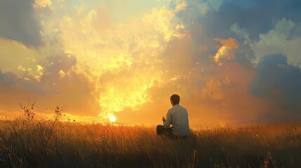 prayer scene featuring a man worshiping in a field, surrounded by nature, connecting with spirituality and faith, depicting a moment of reflection and devotion to christianity