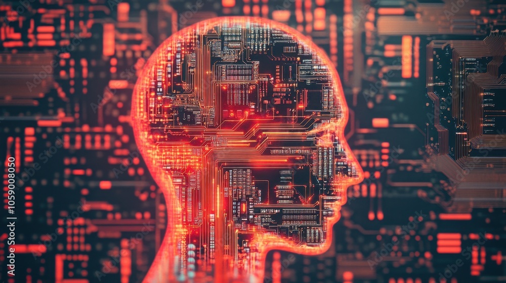 Poster futuristic head with circuit design and digital elements