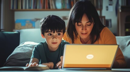 Fototapeta premium Mother and son learning together on a laptop