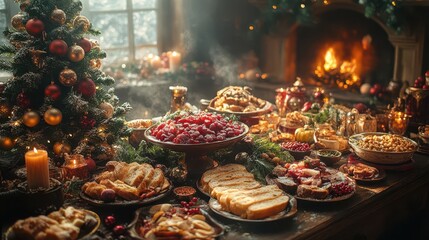 Fototapeta premium warm and inviting christmas table setting brimming with festive food. the scene is beautifully arranged with seasonal decorations, creating a cozy atmosphere for holiday gatherings and celebrations