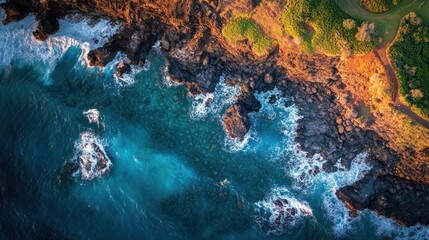 Aerial View of a Rocky Coastline with Waves Crashing Against the Shore