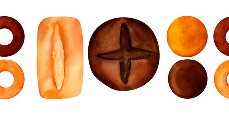 Breads - buns, baguettes, loaves, croissants, pretzels, rye and wheat watercolor seamless pattern border. For prints on textile and paper, plates for kitchen, restaurant menus, recipes, cookbook.