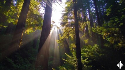 Naklejka premium Tall redwood trees in a foggy forest with gentle sunlight streaming through the branches