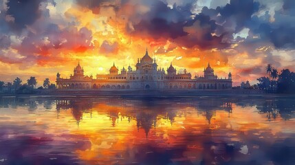 Obraz premium watercolor illustration capturing the mysore palace silhouette against a breathtaking sunset, enveloped in vibrant hues of orange, purple, and gold, embodying cultural richness