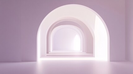 A series of arches in a white, minimalist space lead to a bright light at the end of the hallway. Generative ai