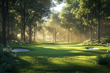 Obraz premium Golf Course in a Forest with Morning Sunlight