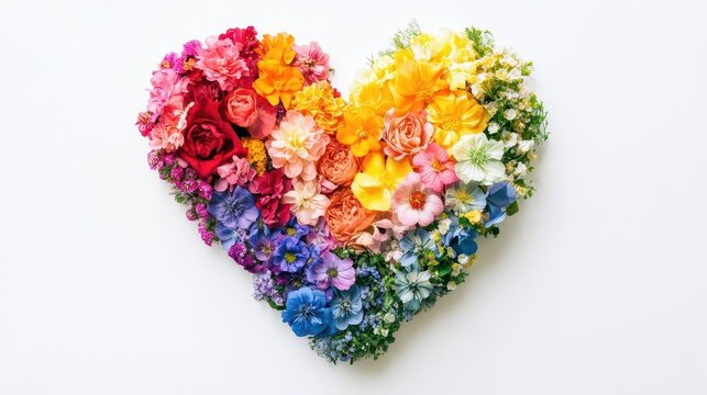 rainbow-colored heart formed by an array of flowers, isolated on a clean white background, celebrating love and diversity, a vibrant representation of lgbtq pride