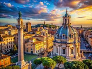 Obraz premium Rome's architectural wonders - Trajan's Column and Santa Maria di Loreto - in stunning deep focus.