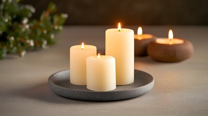 Cozy ambiance with lit candles on a decorative plate