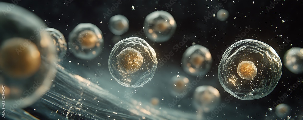 Poster a close-up view of cells in a microscopic environment, showcasing their structure and movement.