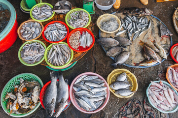 A variety of Fresh fish at the local Asian market in Nha Trang, Vietnam.