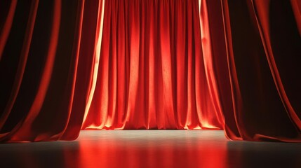 red curtain slightly ajar on a theater or cinema stage, hinting at the excitement and anticipation of a performance, with dramatic lighting enhancing the sense of mystery
