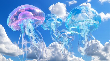 Jellyfish floating in the sky like clouds, creating a dreamlike underwater and sky fusion. 
