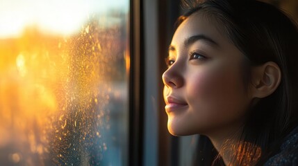 reflective expression on a young woman's face as she gazes out the window of a light rail train, bathed in morning light, capturing a moment of gratitude during her commute