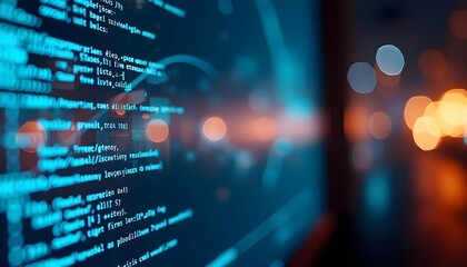 Code and data are displayed on the computer screen, with a background of a future city