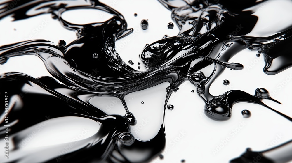 Poster close-up view of ink drops dissolving in water, creating organic and fluid shapes on a white backgro