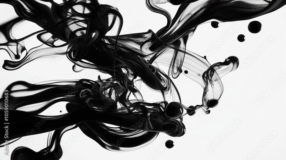 Poster Close-up view of ink drops dissolving in water, creating organic and fluid shapes on a white background.