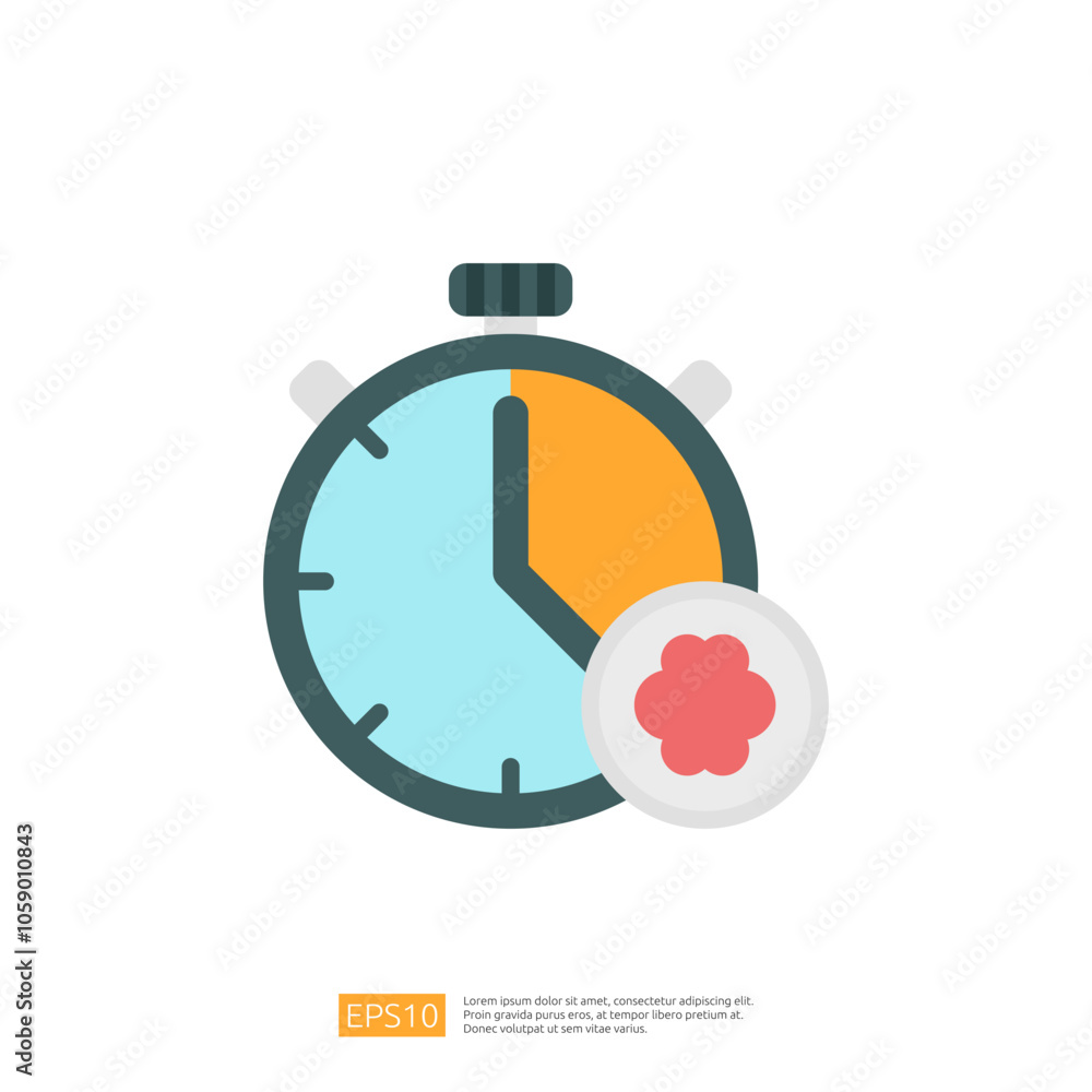 Poster a graphic illustration of a stopwatch with an orange section and a circular icon featuring a flower,