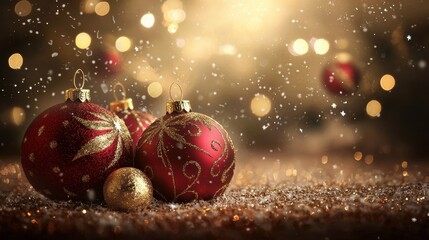 Festive Red and Gold Christmas Ornaments with Bokeh Background