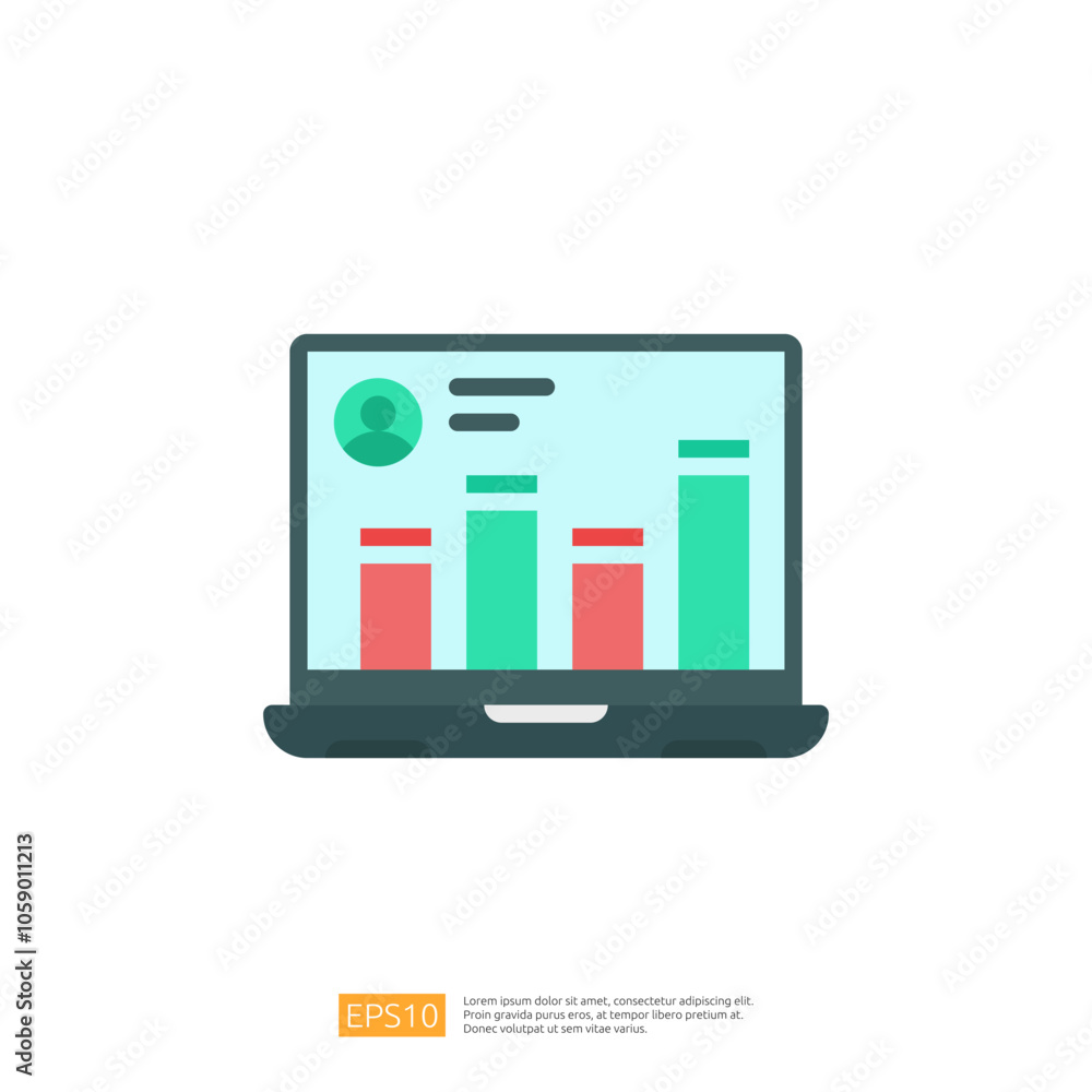 Aufkleber a laptop displaying a user profile and bar graphs, representing data analysis or business metrics.
