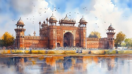 Obraz premium watercolor illustration of delhi's red fort, showcasing its majestic architecture and rich historical significance through soft, flowing colors and artistic brushstrokes
