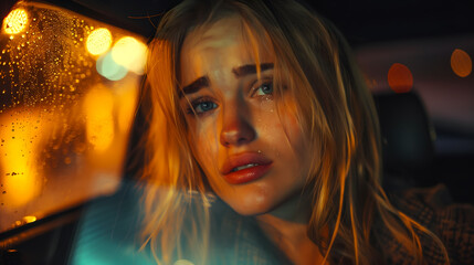 Fototapeta premium Emotional Portrait of a Young Woman in Car with Rainy City Lights - Dramatic and Reflective Mood