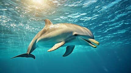 Obraz premium A dolphin swims gracefully through clear blue waters, illuminated by sunlight, showcasing its fins and playful demeanor.