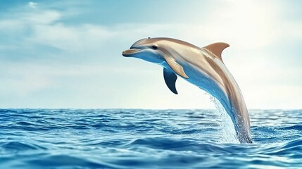 Obraz premium A dolphin leaps out of the ocean, showcasing its graceful movement against a serene backdrop of water and sky.
