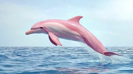 A vibrant pink dolphin leaps joyfully from the blue ocean, showcasing its graceful movements in a sunny marine environment.