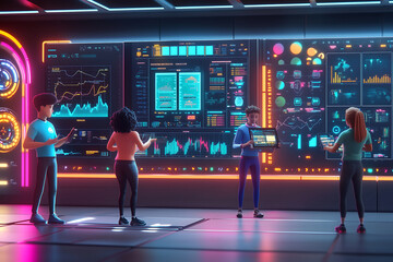 diverse team of professionals collaborates in modern workspace, analyzing data on digital screens. vibrant atmosphere enhances their teamwork and creativity