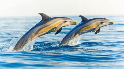 Fototapeta premium Two dolphins leap from the sparkling blue ocean, showcasing their agility and playful nature against a serene backdrop.