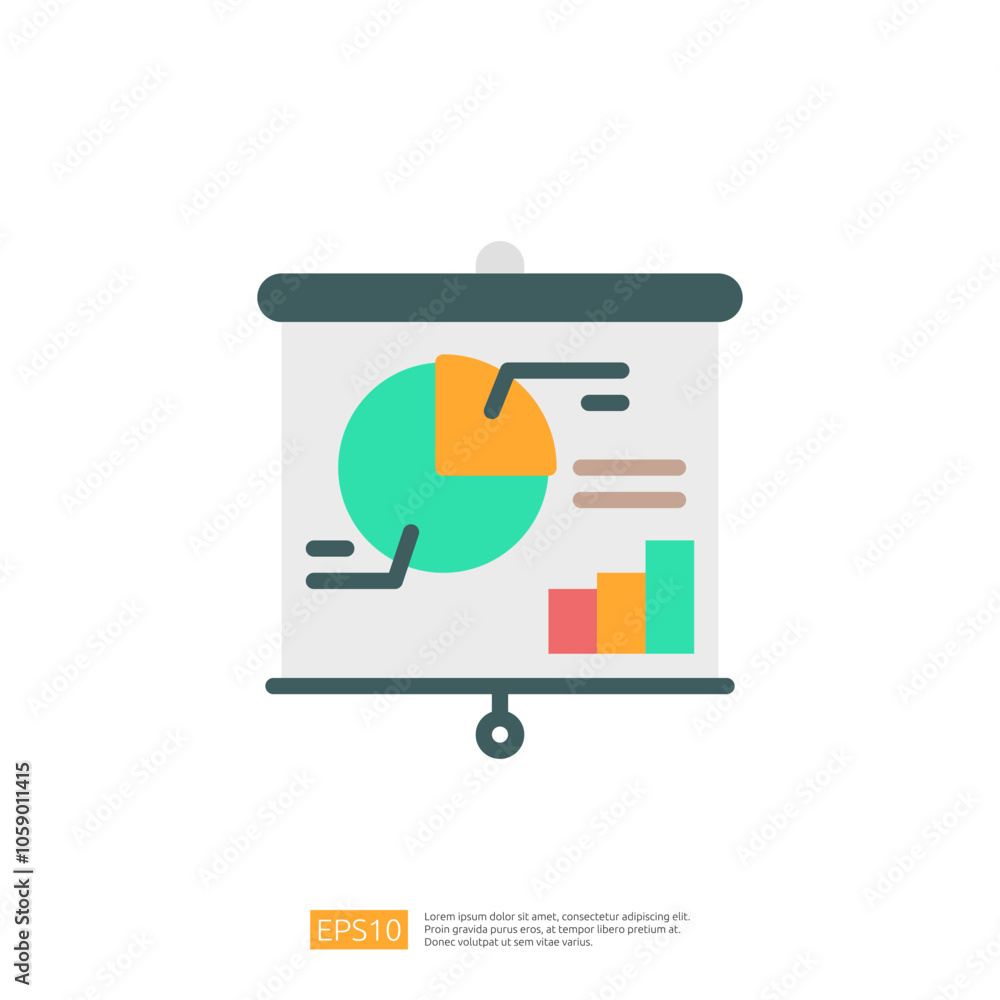 Poster this image features a presentation slide with a pie chart, bar graph, and data points, illustrating 
