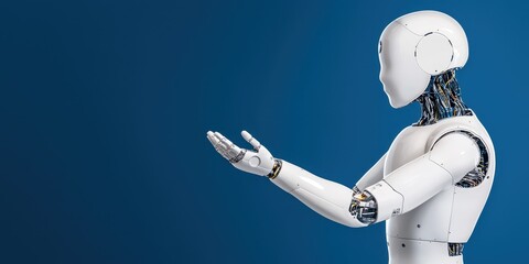 Naklejka premium Futuristic humanoid robot with a sleek design, showcasing its mechanical arm against a blue background.