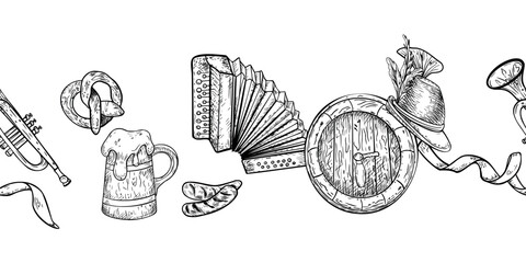 Beer festival seamless border black white vector isolated. Wooden barrel, tankard beer, pretzel monochrome banner Oktoberfest. German hat, musical instruments hand drawn on repeated texture.