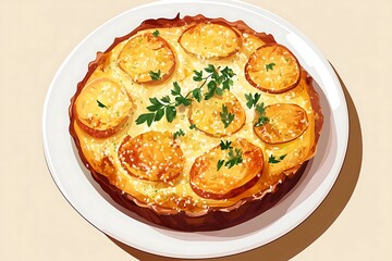 A close-up of a potato tart with parsley garnish, served on a white plate