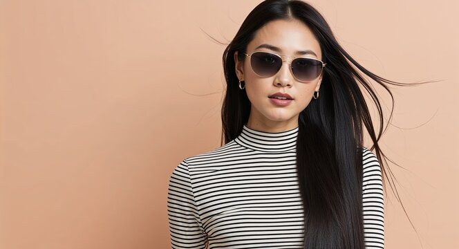 Asian Woman with Long Silky Hair in Striped Top and Sunglasses on Soft Peach Background