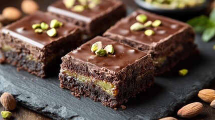 Chocolate brownies topped with pistachio nuts and caramel.