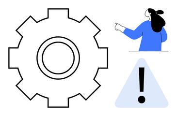 Woman in blue pointing at settings gear and exclamation mark in a warning triangle. Ideal for technology, maintenance, technical troubleshooting, notifications, and user error alerts. Modern minimal