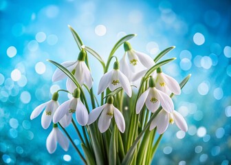 Fototapeta premium Snowdrop Bouquet, Women's Day Card, Blue Background, Bokeh Effect, March 8th