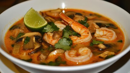 richly flavored spicy thai soup filled with shrimp, mushrooms, and a burst of lime, presented in a pristine white bowl. the vivid colors and textures evoke a sense of culinary delight
