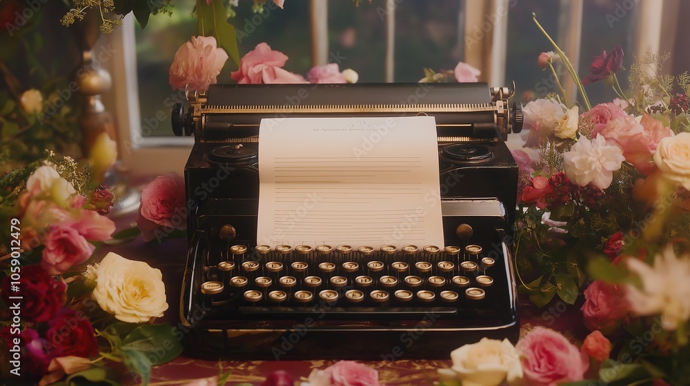 Poster an old-fashioned typewriter with a sheet of paper and floral arrangements around it.