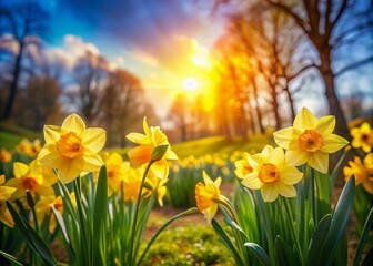 Soft focus blurs the garden, leaving the sun-kissed daffodils sharp and vibrant.
